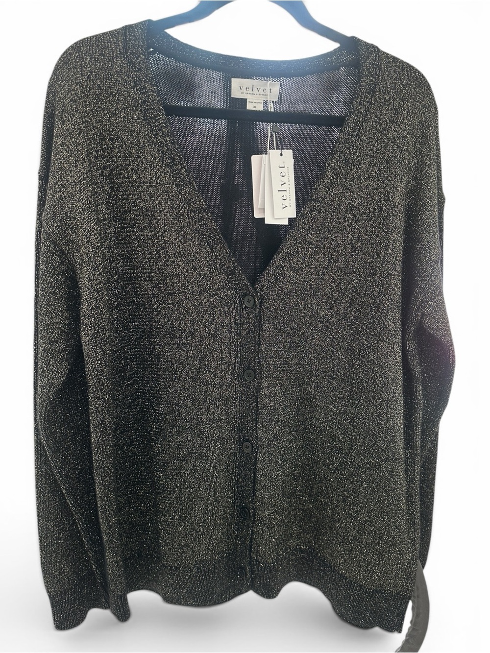 Velvet Metallic Black Button-Front V-Neck Cardigan